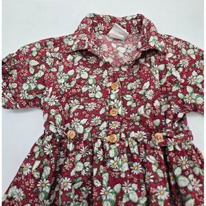 Vintage 3T Maria Elena Floral Print Dress With Wooden Buttons & Collar In Red